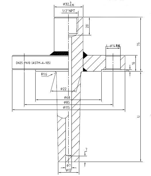 Σωλήνας Thermowell προστασίας θερμοηλεκτρικών ζευγών ανοξείδωτου με τη φλάντζα DN25