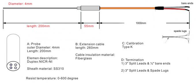 μονωμένο καλώδιο SS316/310/Inconel 600 θερμοηλεκτρικών ζευγών διαμέτρων 6Mm μετάλλευμα